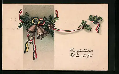 AK Tannenzweig mit Tannenzapefen und zwei Glocken, Weihnachtsgruss