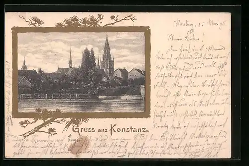 Vorläufer-AK Konstanz, 1895, Teilansicht mit Kirche vom Wasser her, goldener Rahmen mit Kiefernzweigen