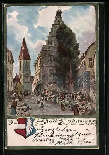 Künstler-AK Carl Biese: Endingen am Kaiserstuhl, Marktplatz mit Rathaus und Kirche