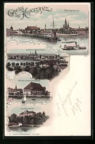 Lithographie Konstanz, Conciliumsgebäude, Schloss Mainau, Ortsansicht von der Seestrasse aus