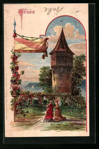 Lithographie Insel Mainau, Flaniernde Damen am Schwedenturm