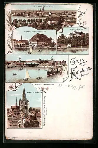 Lithographie Konstanz, Landungssteg, Münster, Schloss Mainau