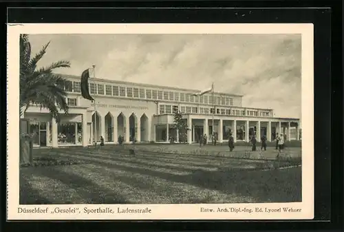AK Düsseldorf, Gesolei 1926, Blick auf die Sporthalle und Ladenstrasse