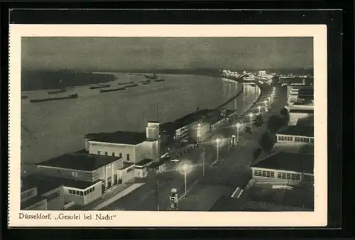 AK Düsseldorf, Gesolei 1926, Messehallen bei Nacht aus der Vogelschau