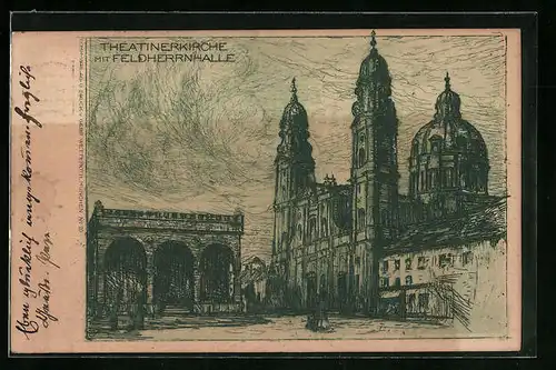 Künstler-AK München, Theatinerkirche mit Feldherrnhalle