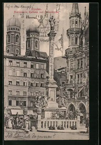AK München, Mariensäule, Rathaus und Frauenkirche