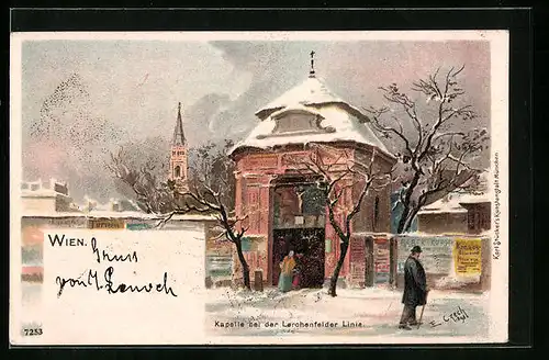 Lithographie Wien, Kapelle bei der Lerchenfelder-Linie im Winter