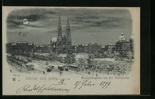 Mondschein-AK Wien, Maximilianplatz mit der Votivkirche im Winter