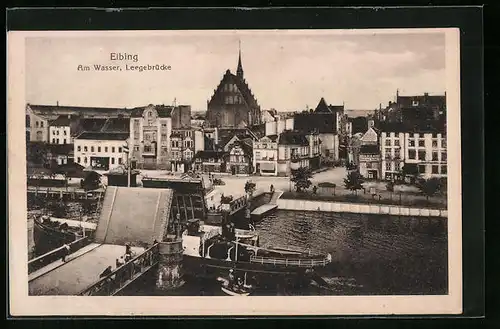 AK Elbing, Am Wasser, Leegebrücke mit Gasthof, Bäckerei und Boot