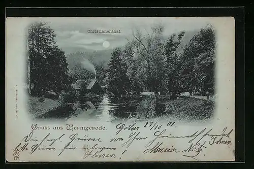 Mondschein-AK Wernigerode, Blick gegen Christinenthal in einer Vollmondnacht