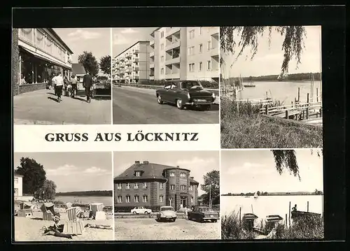 AK Löcknitz, Strassenpartie mit Geschäft, Kreissparkasse, Strand