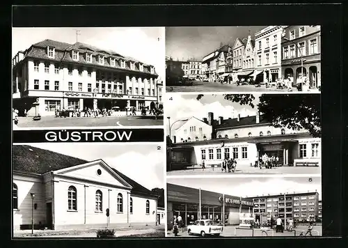 AK Güstrow, Hotel Stadt Güstrow, Theater, Konsum-Kaufhalle an der Elisabethstrasse