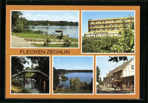 AK Flecken-Zechlin /Neuruppin, FDGB-Erholungsheim, Kanal mit Brücke, Schwarzer See