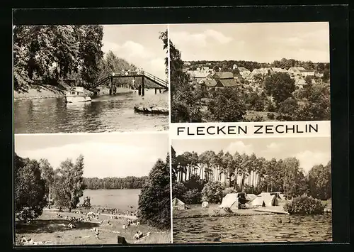 AK Flecken-Zechlin, Badesee mit Urlaubern und Zeltplatz, Brücke über dem Kanal mit Motorboot