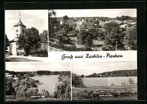AK Flecken-Zechlin / Neuruppin, Kirche, Schwarzer See, Park und Ort aus der Vogelschau
