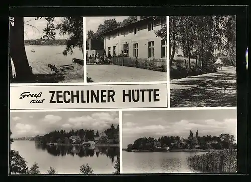 AK Zechliner Hütte, See und Uferansichten aus der Vogelschau, Besucher vor dem Strandhotel