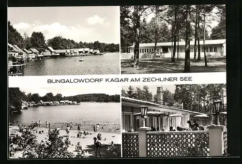 AK Kagar /Neuruppin, Badestrand und Bootshäuser am Zechliner See, Besucherterrasse