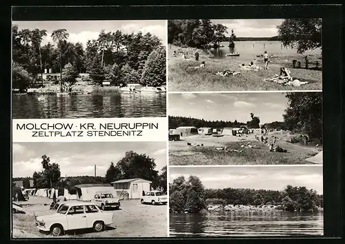 AK Molchow /Neuruppin, Trabis auf Zeltplatz Stendenitz, Badestrand mit Liegewiese