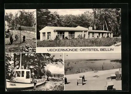 AK Ueckermünde OT Bellin, HO-Gaststätte, Kinderspielschiff Friedel am Badestrand, Waldperle Haffjungfrau Ilona