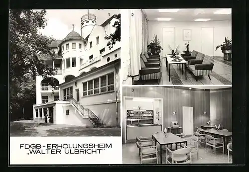 AK Koserow /Kr. Wolgast, FDGB-Erholungsheim Walter Ulbricht, Innenansichten Gaststätte und Empfangshalle