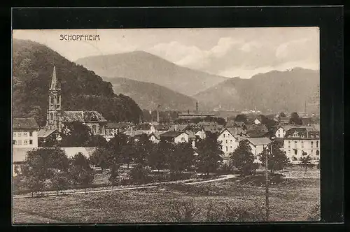 AK Schopfheim, Ortsansicht mit Bergkulisse