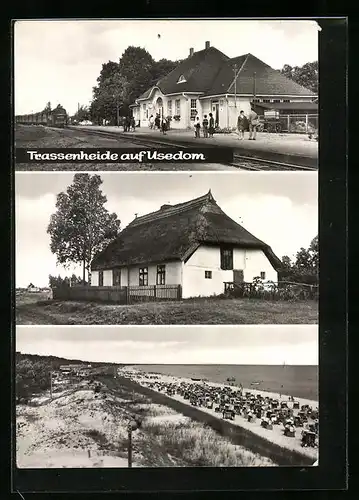 AK Trassenheide /Usedom, Bahnhof von der Gleisseite, Strand, Haus