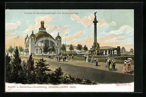 AK Düsseldorf, Kunst und Gartenbau-Ausstellung 1904 - Pavillon für Sonderausstellungen und Centaurengruppe