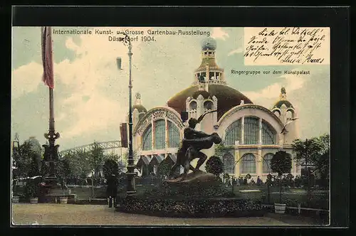 AK Düsseldorf, Internationale Kunst und Gartenbau-Ausstellung 1904 - Ringergruppe vor dem Kunstpalast