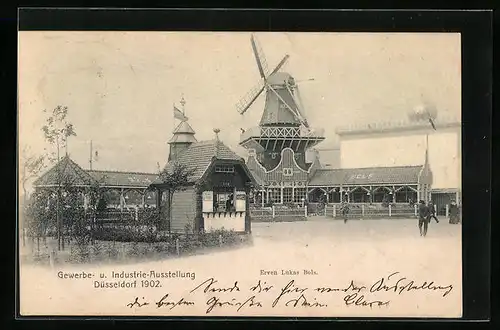 AK Düsseldorf, Gewerbe- und Industrie-Ausstellung 1902 - Gebäude Erven Lukas Bols, Windmühle