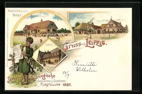 Lithographie Leipzig, Sächsisch Thüringische Industrie- & Gewerbe-Ausstellung 1897, Gemeindehaus, Schmiede