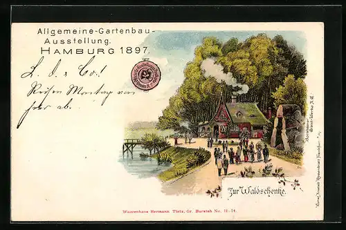 Lithographie Hamburg, Allgemeine Gartenbau-Ausstellung 1897, Zur Waldschenke