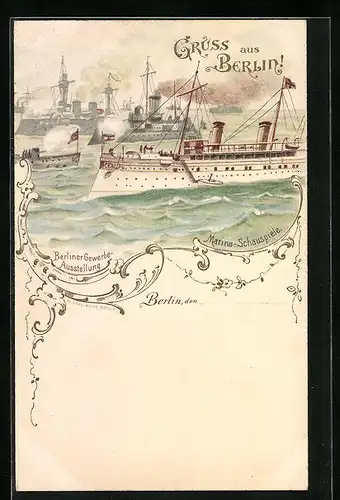 Lithographie Berlin, Gewerbe-Ausstellung, Marine-Schauspiel