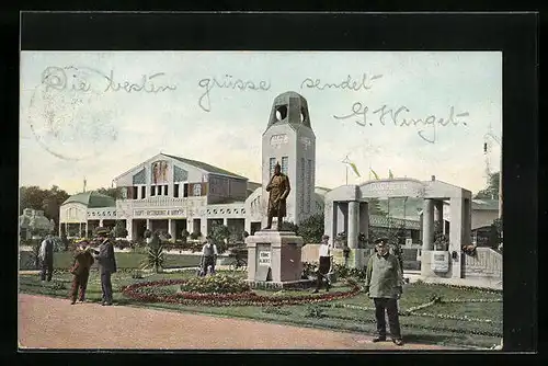 AK Zwickau, Gewerbe- und Industrie-Ausstellung 1906, Denkmal König Albert und Hauptrestaurant