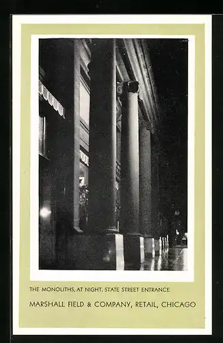 AK Chicago, IL, Marshall Field & Company, State Street Entrance at Night