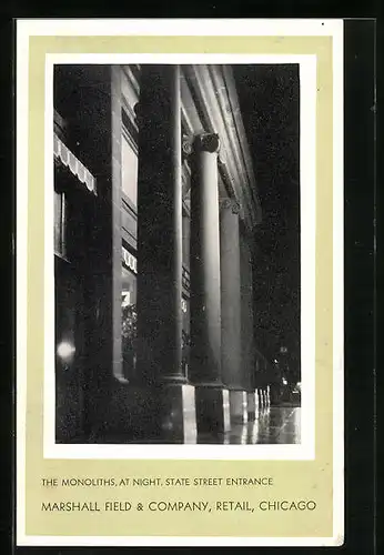 AK Chicago, IL, Marshall Field & Company, State Street Entrance at Night