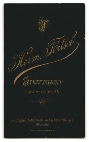 Fotografie Herm. Förtsch, Stuttgart, Langestr. 23, Junger Herr im Anzug mit Oberlippenbart