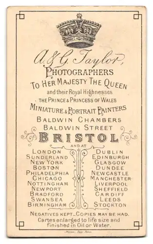 Fotografie A. & G. Taylor, Bristol, Baldwin Street, Junger Bürgerlicher mit Schnauzer und Rausche-Koteletten