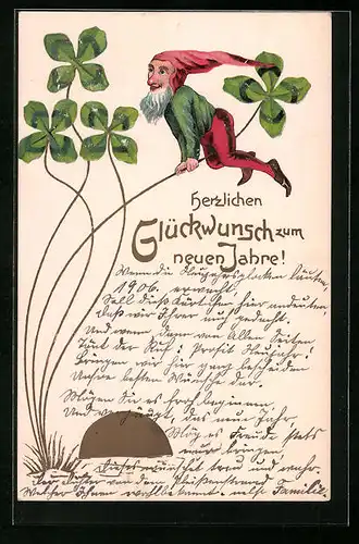 AK Zwerg mit Kleeblättern im Jugendstil