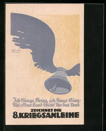 AK Glocke mit Flügeln, Ich klinge Krieg, ich singe Sieg..., Zeichnet die 8. Kriegsanleihe