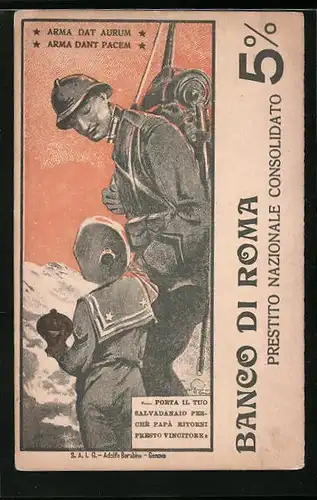 Künstler-AK Roma, Banco die Roma, Prestito Nazionale, Soldat mit Helm und Jungen, Kriegsanleihe