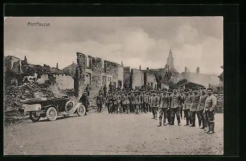 AK Montfaucon, Ruinen, Automobil, Soldaten