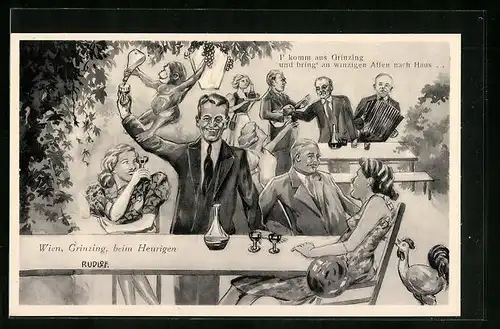 Künstler-AK Wien, In Grinzing beim Heurigen