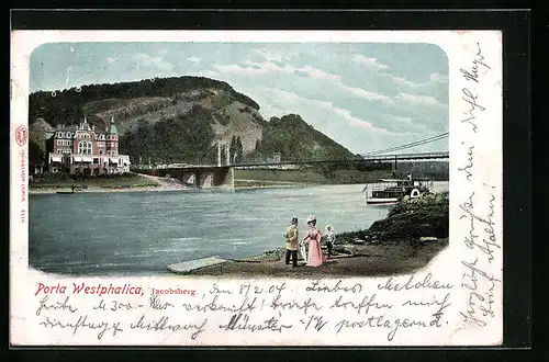 AK Porta Westphalica, Jacobsberg mit Brücke und Dampfboot