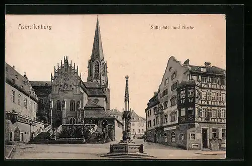 AK Aschaffenburg, Stiftsplatz mit Gasthaus, Kirche und Denkmal