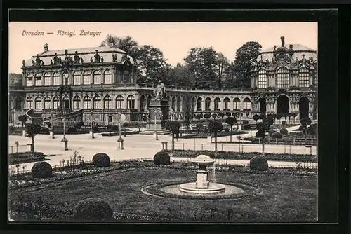 AK Dresden, Königlicher Zwinger mit Denkmal und Brunnen