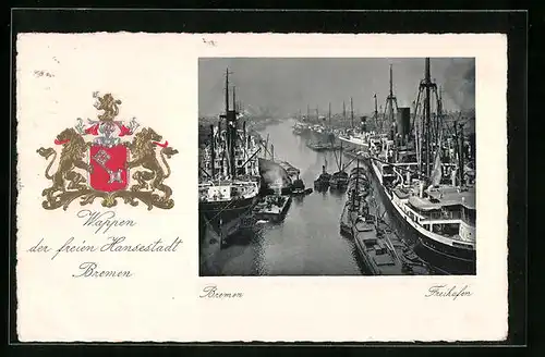 AK Bremen, Hafenpartie mit Segelbooten und Wappen von Niedersachsen