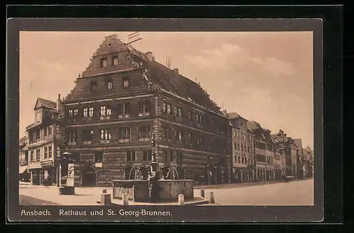 AK Ansbach, imposantes Rathaus hinter dem St. Georg-Brunnen