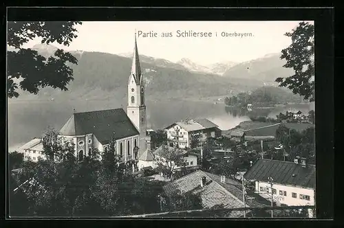 AK Schliersee /Oberbayern, Ort mit der Kirche aus der Vogelschau