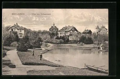 AK Bad Lausick, Villen am Schwanenteich mit Boot