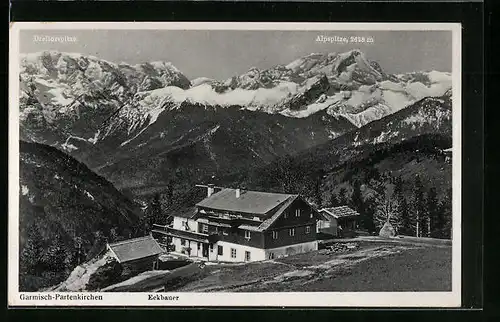 AK Garmisch-Partenkirchen, Berggasthof Eckbauer aus der Vogelschau mit Bergpanorama